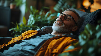 A man peacefully sleeps, surrounded by lush indoor plants