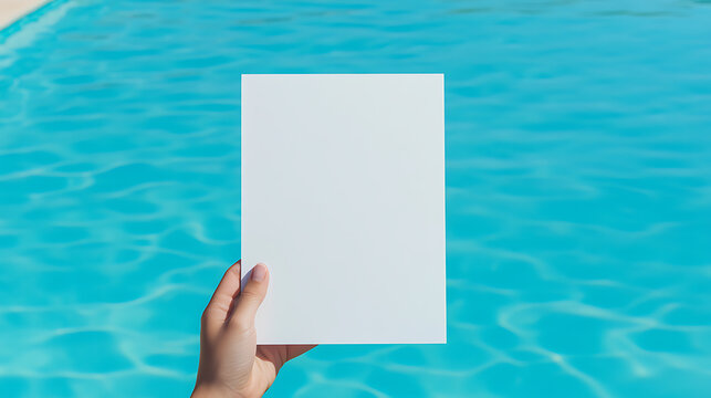 Blank paper held over pool water, perfect for summer promotions, poolside events, or aquatic-themed announcements. Modern, clean design for versatile use.