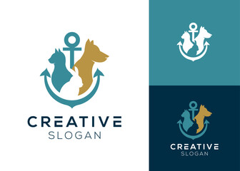 Pet anchor logo. Anchor with cat dog and rabbit logo design for veterinarian and pet animals.