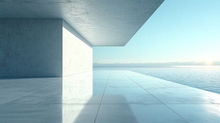 Minimalist architectural rendering of a seaside structure with sleek concrete and reflective marble flooring, offering expansive ocean views