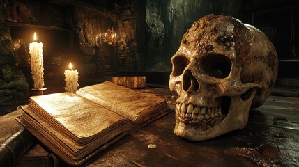 Skull, book, candles, dark, mystical