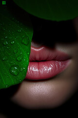 Beautiful Lips Covered by a Verdant Leaf