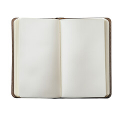 Open blank notebook ready for writing, reflecting creativity and inspiration in a minimalist setting on transparent background