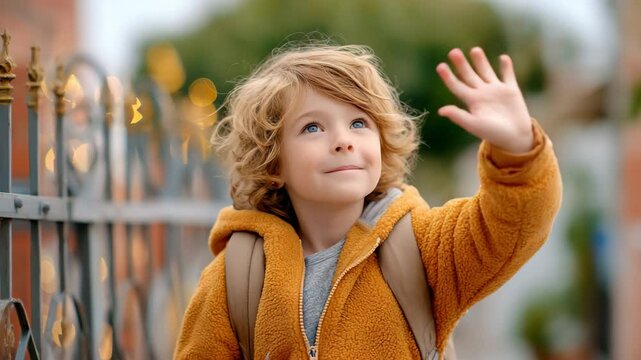 A cheerful child waves while wearing a cozy orange jacket.