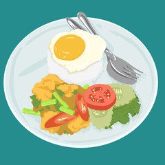 Thai street food restaurant menu illustration vector. (Stir fried chicken and red curry paste)