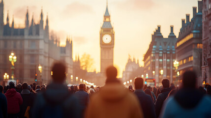 Crowd Walking Towards Big Ben at Sunset in London