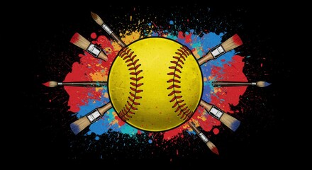 Softball Art Splash - Vibrant softball surrounded by paint splatters and paintbrushes, perfect for sports and art themes