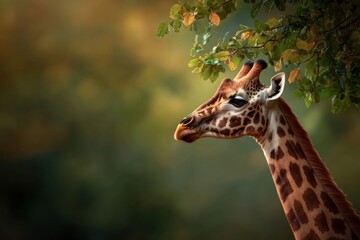 Fototapeta premium Majestic giraffe gracefully grazing under lush green leaves during a serene sunset in a wildlife habitat