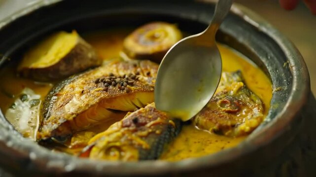 Aromatic Bangladeshi Hilsa fish curry served in a traditional bowl, seasoned with vibrant turmeric and flavorful mustard seeds. A delightful representation of South Asian cuisine