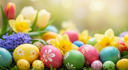 Fototapeta premium Springtime Easter Egg Hunt - Colorful painted eggs, spring flowers, soft light, Easter celebration, springtime joy. Symbolizing new beginnings, rebirth, hope, spring, and Easter