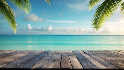 Serene Tropical Beach Scene Wooden Deck Overlooking Turquoise Ocean
