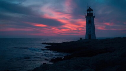 Coastal Lighthouse Silhouette at Twilight, Pink Sky, Dramatic Seascape