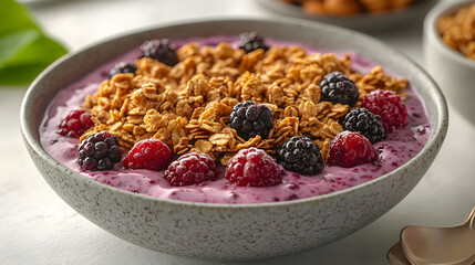Creamy yogurt base topped with granola and mixed berries in a bowl