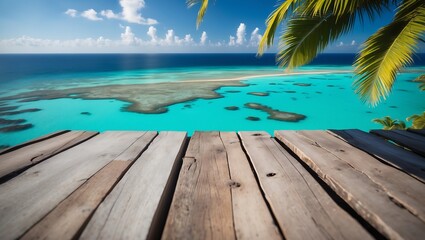 Fototapeta premium Tropical Paradise Wooden Deck Overlooking Turquoise Ocean and Coral Reef