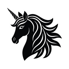 Elegant black and white silhouette of a majestic unicorn head with flowing mane on a white background
