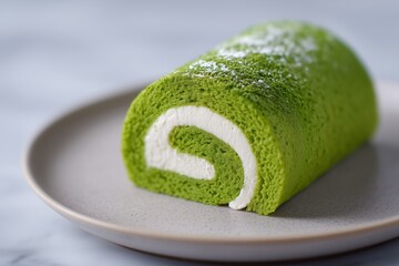 Matcha Roll Cake with Cream Spiral on Ceramic Plate