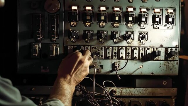 older male engineer works with vintage electrical equipment panel and tangled wires in low light