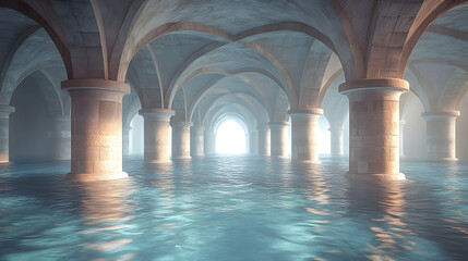 Submerged gothic architecture, light at the end of a watery hall