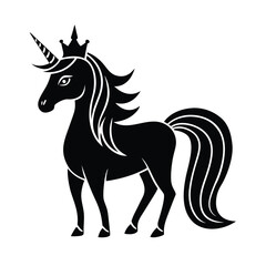 Elegant black and white vector illustration of a majestic unicorn wearing a crown on a white background
