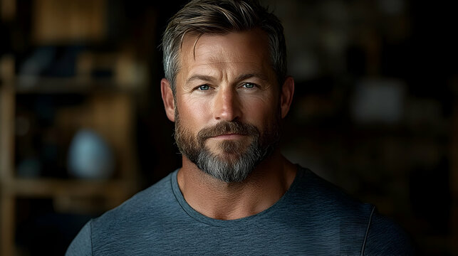 A serious-looking man with salt-and-pepper beard and blue eyes, in a dark grey t-shirt