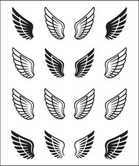 Twelve Variations of Black and White Wings Graphic Design Elements