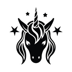 Elegant black and white illustration of a magical unicorn head adorned with stars on a white background