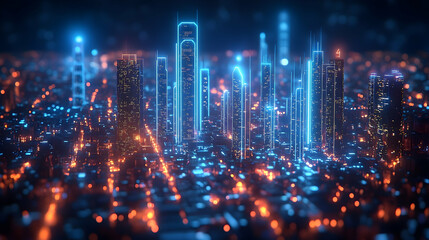 Futuristic cityscape at night, glowing skyscrapers and illuminated streets, digital art