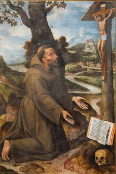Painting (19th century) of St. Francis of Assisi in prayer. Saint and Mystic of the Roman Catholic Church, Founder of the Franciscan Order.