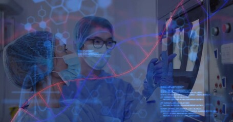 male doctor and female doctor examining scans, overlaying DNA helix graphics in lab - Powered by Adobe