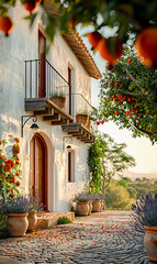 A rustic country house with white plaster walls and deep pomegranate-red balcony doors and railings. In the foreground, out-of-focus branches of a pomegranate tree hang with ripe red berries.
