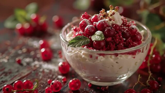 Estonian kama with yogurt in a glass bowl, a mixture of ground grains with fresh berries. A traditional and healthy Estonian dish