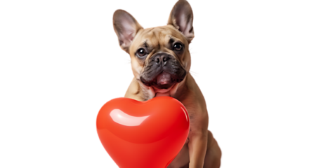 French Bulldog holding red heart-shaped toy in studio setting   Isolated