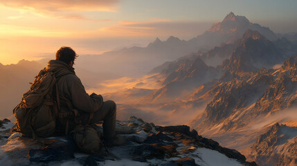 Fototapeta premium Solitary hiker rests atop a snow-capped peak, gazing at a breathtaking sunset over a vast, misty mountain range