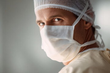 portrait of surgeon with concentrated expression face on left side of frame