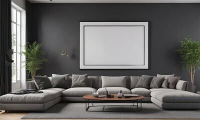 Fototapeta premium Bright modern living room, black frame gallery wall mockup, home decor, coffee table
