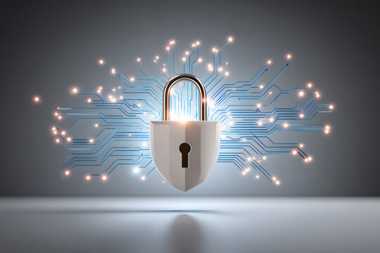 Cybersecurity and Data Protection Concept with Digital Padlock and Circuit Lines