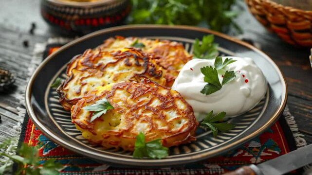 Belarusian draniki, thick potato pancakes served with sour cream, on a traditional plate. A hearty and traditional dish from Belarus