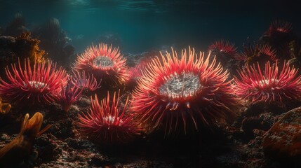 Underwater scene of vibrant red anemones.