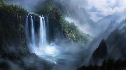 Fototapeta premium Misty mountain landscape with cascading waterfall.