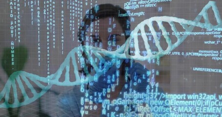 Female medical professional analyzing data in tech lab, with streaming code and DNA helix overlay - Powered by Adobe