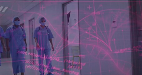 Women medical staff walking down hospital corridor, showcasing pink helix data overlay graphics - Powered by Adobe