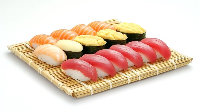 Assorted Nigiri Sushi on Bamboo Mat