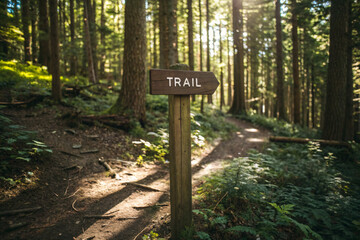 rustic trail sign in a forest