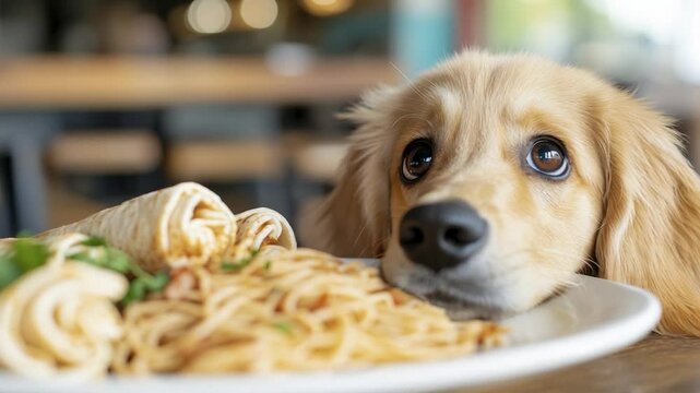 A cute dog gazes longingly at a plate of food with wraps and spaghetti on a wooden table in a cozy restaurant.