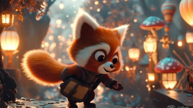 A cute 3D style talking fox against a whimsical colourful backdrop