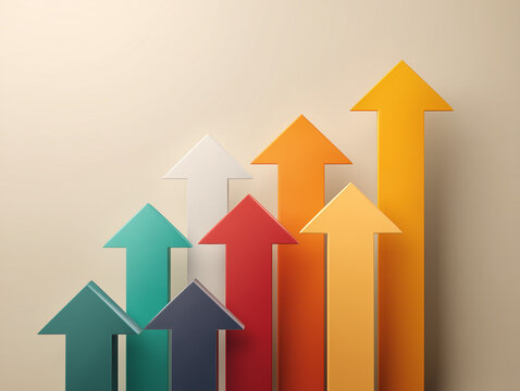 Setas coloridas apontando para cima simbolizando crescimento, sucesso, progresso e desenvolvimento. Imagem conceitual ideal para neg&oacute;cios, metas alcan&ccedil;adas e evolu&ccedil;&atilde;o empresarial