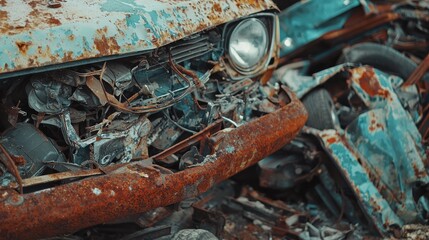 Rusty damaged car wreck closeup industrial decay scrap metal vehicle destruction