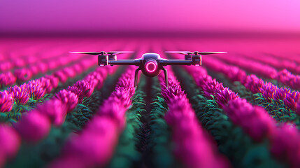 A drone flies low over vibrant pink tulip fields during sunset, blending technology with agriculture in a colorful landscape.