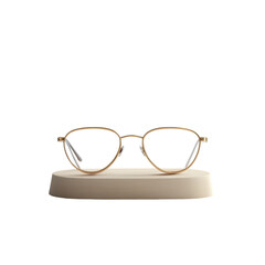 Stylish Gold-Rimmed Eyeglasses on a Minimalist Display Stand on transparent background