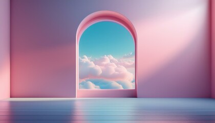 Fototapeta premium blue sky in an arch window on pink background. 3D rendering.